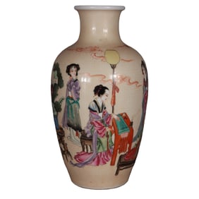 Famille Rose Gilt-Painted Vase with Seven Fairies (Music, Chess, Calligraphy, Painting) and Figure