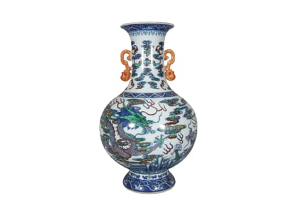 Doucai Azure Dragon Teaching Son Double-Eared Vase