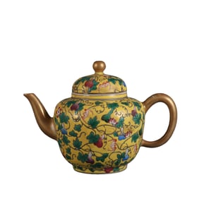 Yellow-ground famille rose teapot with auspicious patterns