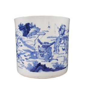 Blue and white porcelain brush holder with figures