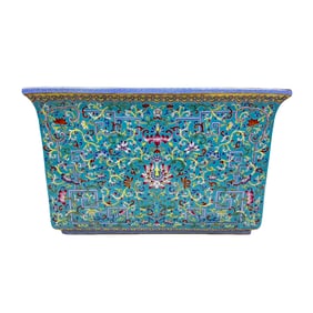 Pastel Turquoise Green Ground Flower Pot with Scrolling Flowers and Bat Pattern