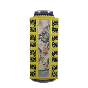 Yellow-glazed blue and white porcelain vase with famille rose longevity design