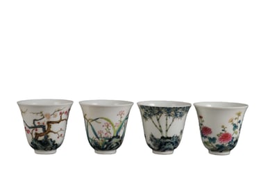 A set of famille rose plum blossom, orchid, bamboo and chrysanthemum bell cups