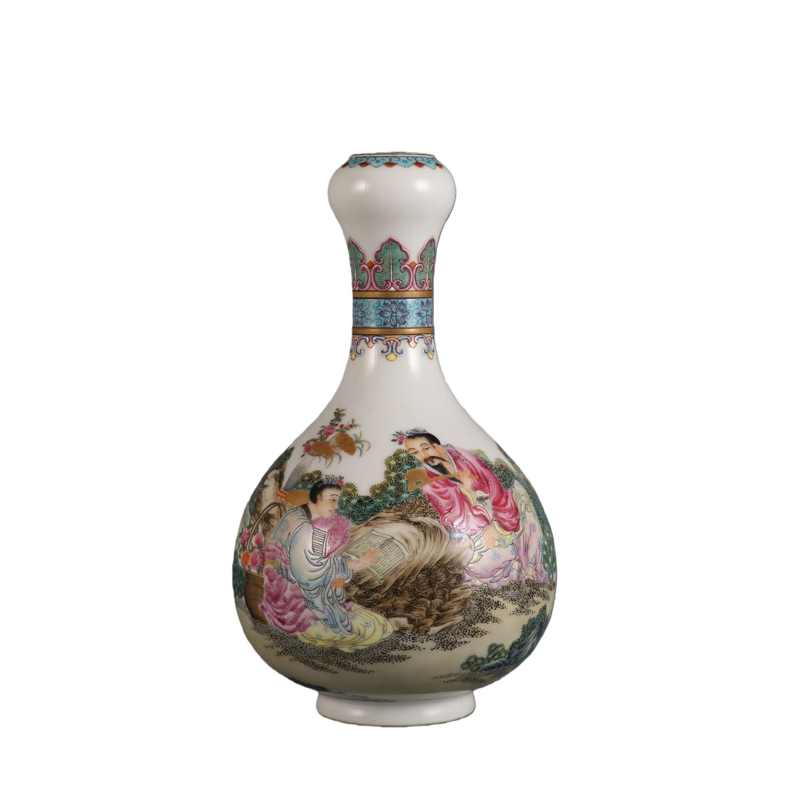 Enameled Garlic-shaped Vase with Scholar Design: Dimensions: Height 16.5 cm, Belly diameter 9 cm, Mouth diameter 2.5 cm