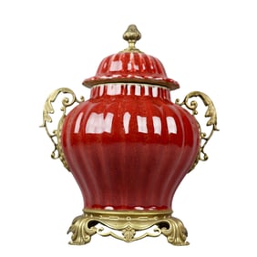 Sacrificial red glazed copper-rimmed double-eared melon-shaped general jar