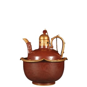 Ding ware purple-glazed carved floral pattern gold-inlaid gemstone-set teapot