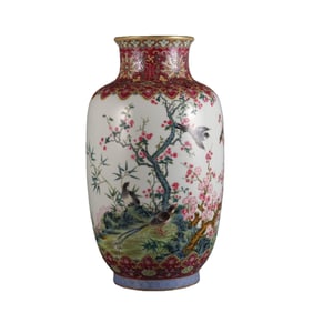 Famille Rose Floral and Bird Pattern Cylindrical Vase