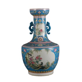 Blue-ground famille rose double-eared vase with bamboo and sparrow design and openwork window