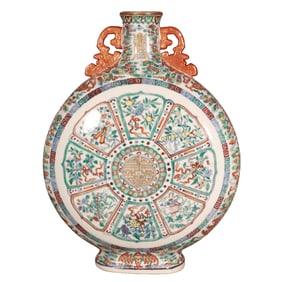 Blue and white porcelain doucai moon flask with eight auspicious symbols of longevity and good