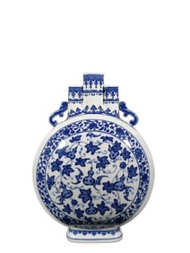 Blue and white porcelain three-tube moon flask with lotus scroll design and openwork design.