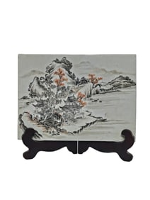 Ink and iron red landscape porcelain plaque