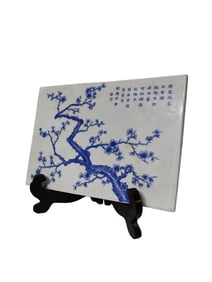 Blue and white porcelain plaque with floral and poetic inscriptions