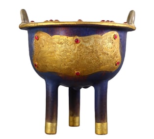 Jun porcelain gilded and gem-inlaid tripod double-eared censer