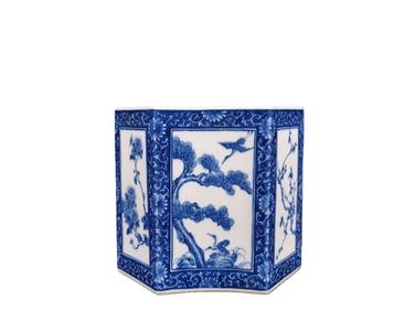 Blue and white porcelain six-sided brush holder with openwork design of plum blossoms, orchids,
