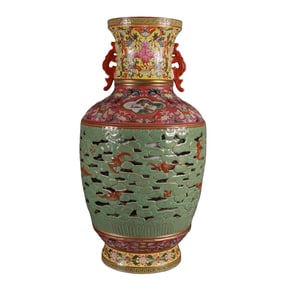 Famille Rose Rouge Red Gilded Vase with Openwork Landscape and Celadon Glaze