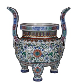 Blue and white porcelain doucai incense burner with gilt lotus scroll design on three legs