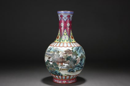 Famille Rose Landscape and Pavilion Vase