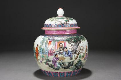 Famille Rose Figural Story Covered Jar