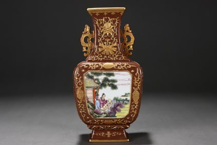 Coral red bottle with illustrations of figures and stories, accompanied by poems.