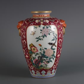 Rouge-red ground famille rose openwork flower and bird pattern animal ear jar