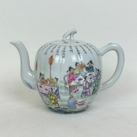 A melon-shaped teapot with a famille rose design of a spring night banquet featuring peaches and
