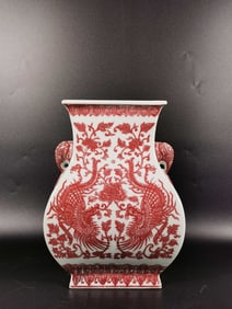 Underglaze red lotus scroll double phoenix elephant handle square vase