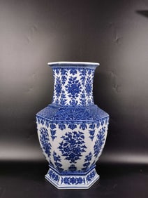 Blue and white floral hexagonal vase