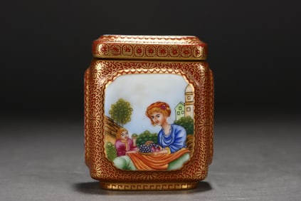 Enamel-painted figure and story-themed covered box