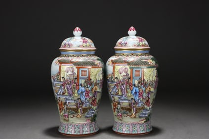 Famille Rose Figural Story Covered Jar