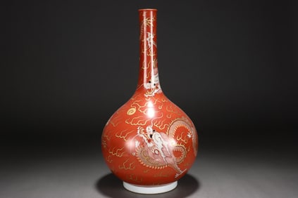 Red-glazed dragon-patterned bottle