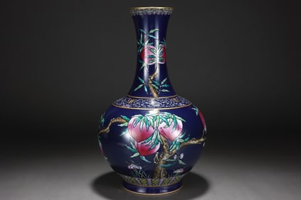 Blue-glazed famille rose vase with floral and fruit patterns