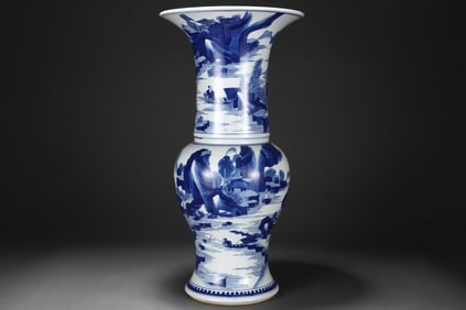 Blue and white porcelain vase with landscape and figure design