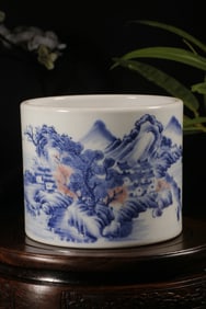Blue and white underglaze red landscape and figure brush pot