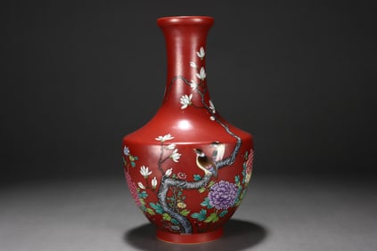 Coral Red Floral and Bird Pattern Bottle