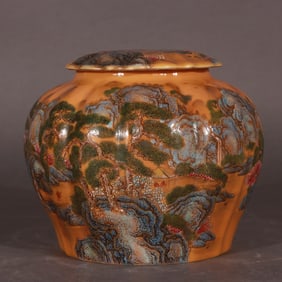 Yellow-ground enamel painted landscape and figure story pattern covered jar