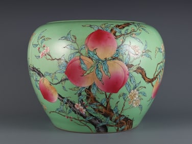 Apple Green Ground Famille Rose Nine Peach Pattern Large Scroll Jar