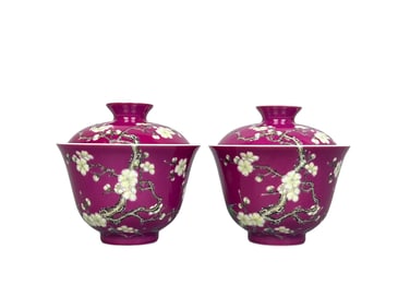 Rouge-red plum blossom and bamboo double-layered covered bowl