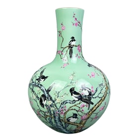 Enameled celestial globe vase with a green ground, featuring magpies on plum blossoms, twelve