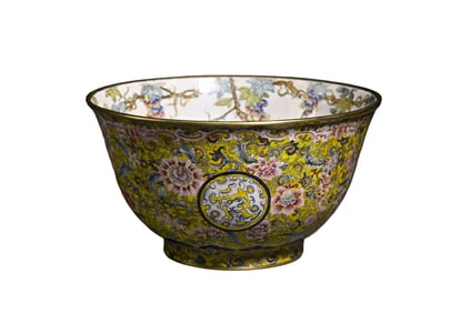 Enamel-painted floral scroll bowl, scholar's desk ornament