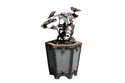 Sterling silver inlaid with Hetian jade bonsai scholar's ornament