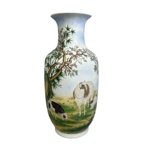 pair of enamel-painted "Three Rams Bring Prosperity" lantern vases