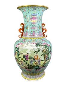 Heavy-duty famille rose turquoise background with intertwined floral patterns and a windowed design,