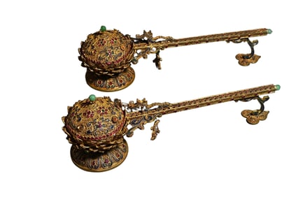 Gilt bronze incense burner inlaid with various treasures - scholar's ornament