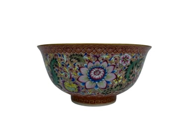 Heavy-duty wood-fired bowl with floral and scroll patterns