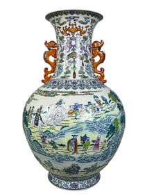 Blue and white doucai (enamel overglaze) continuous scene of "Eight Barbarians Bringing Treasures"