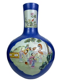 A sky-blue glazed octagonal vase with famille rose enamels depicting flowers, figures, landscapes,