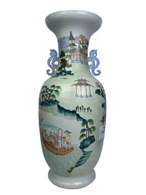 Famille Rose Vase with Figures, Stories, Poems, and Dragon Handles