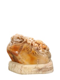 Shoushan Hibiscus Stone Carved Chilong Pattern Incense Burner Ornament