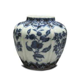 Ming Xuande Blue and White Melon-Ribbed Jar with Floral and Fruit Sprays