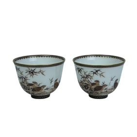Ink-painted quail and bamboo design, a cup with the motif of "Bamboo Brings Peace".